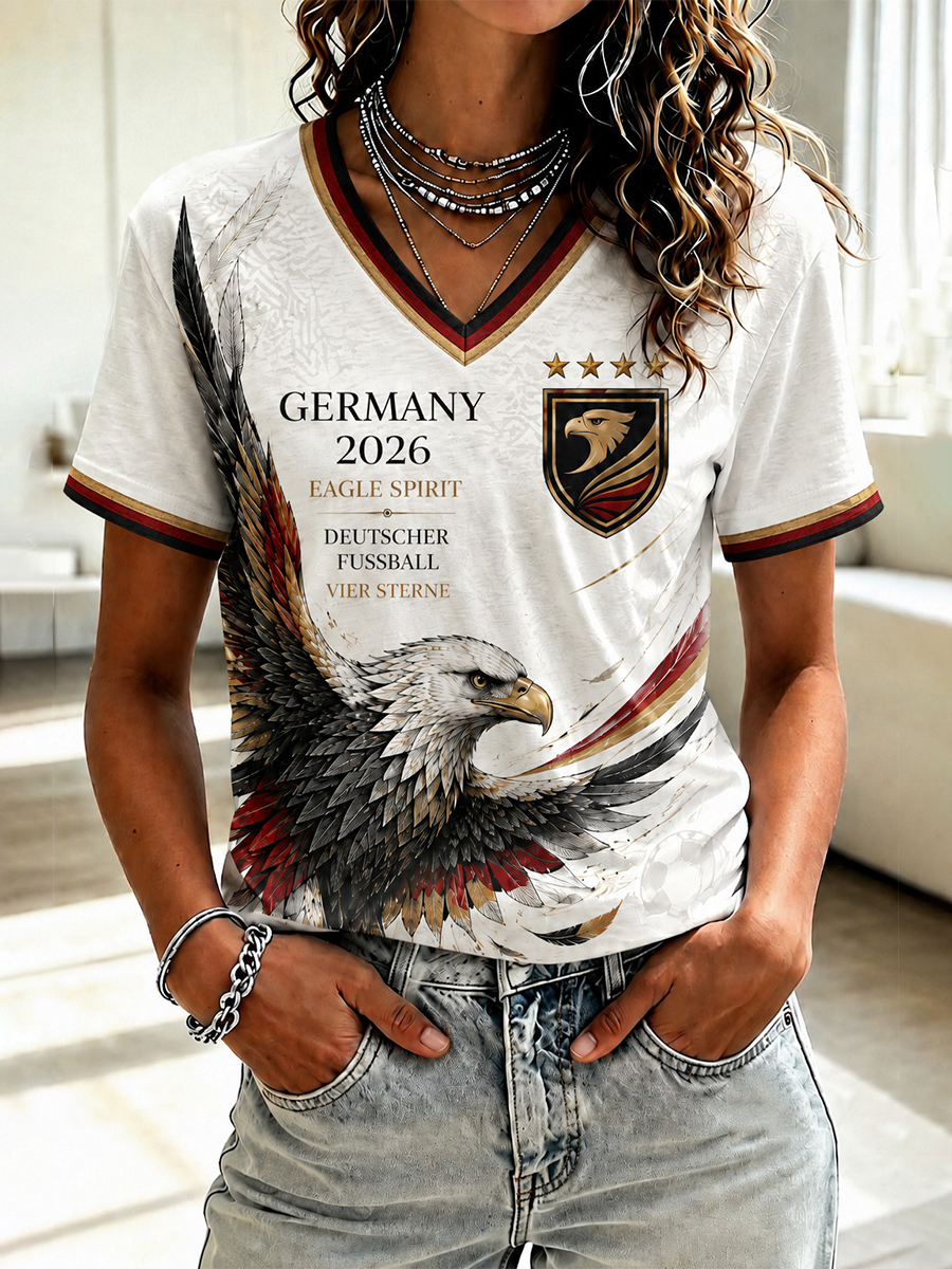 Damen-T-Shirt mit V-Ausschnitt und Fußball-Print, Deutschland