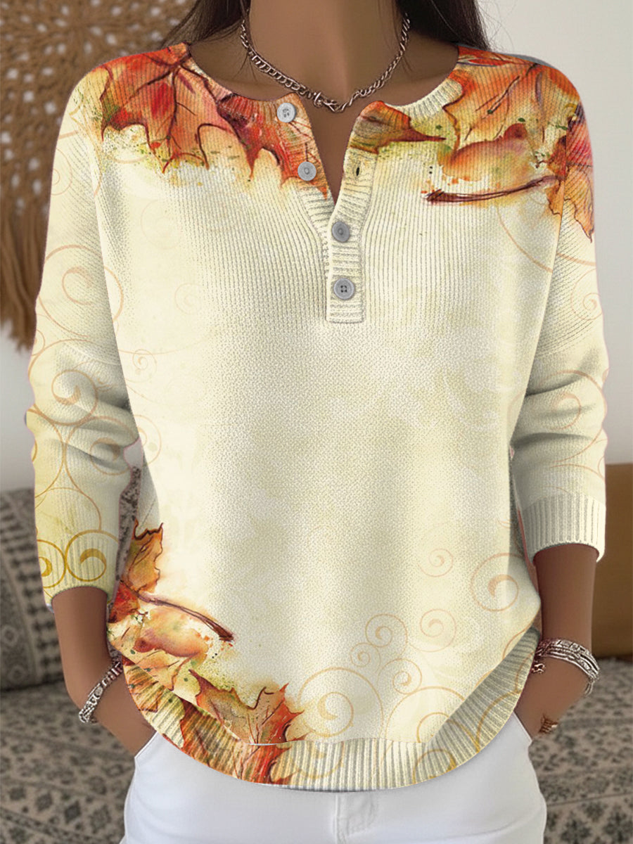 Women's Maple Leaf Print Henley neck sweater