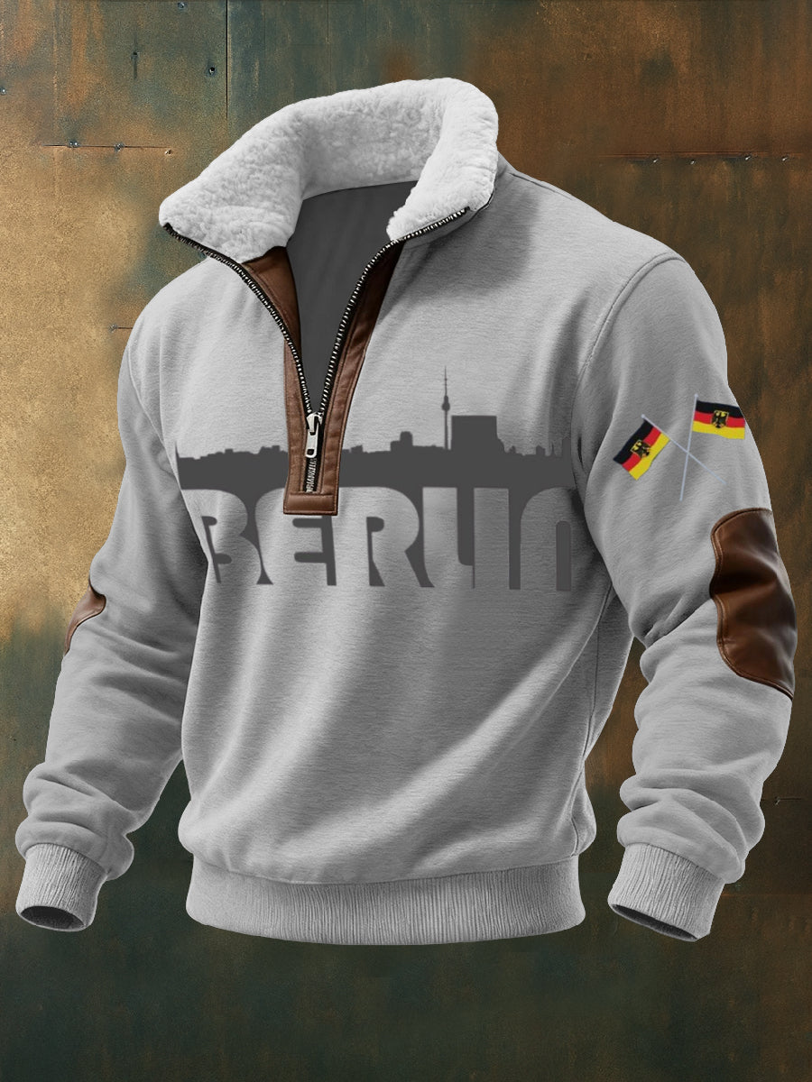 Herren-Sweatshirt mit Reiß verschluss mit grauem Berliner Skyline-und Flaggen druck