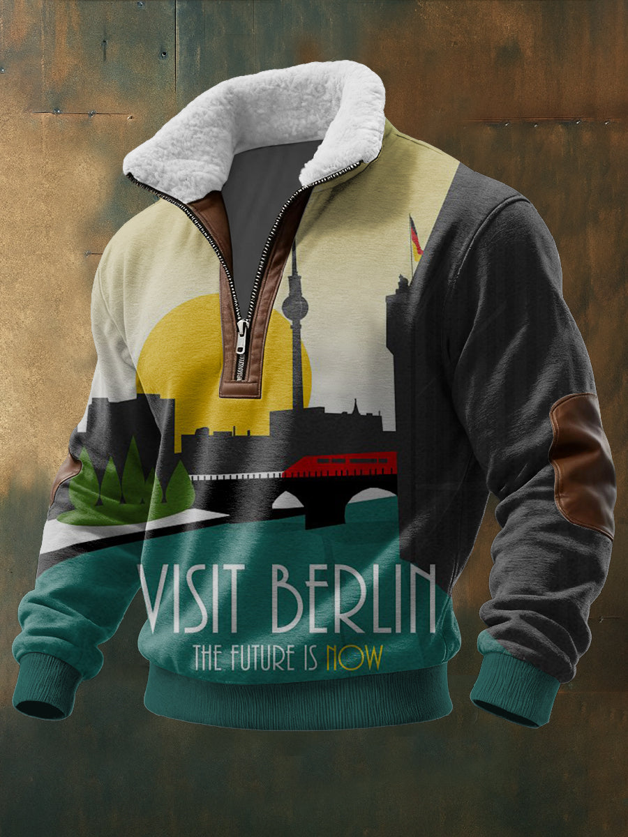 Herren-Sweatshirt mit Reiß verschluss mit buntem Besuch Berlin Print