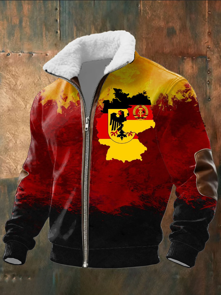 Herren Rot & Gelb Deutschland Karte & Emblem Print Sherpa-Gelinierte Zip Jacke
