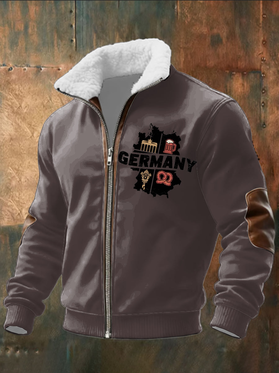 Herren Brown Deutschland Landmark & Bier Print Sherpa-Gelinierte Zip Jacke