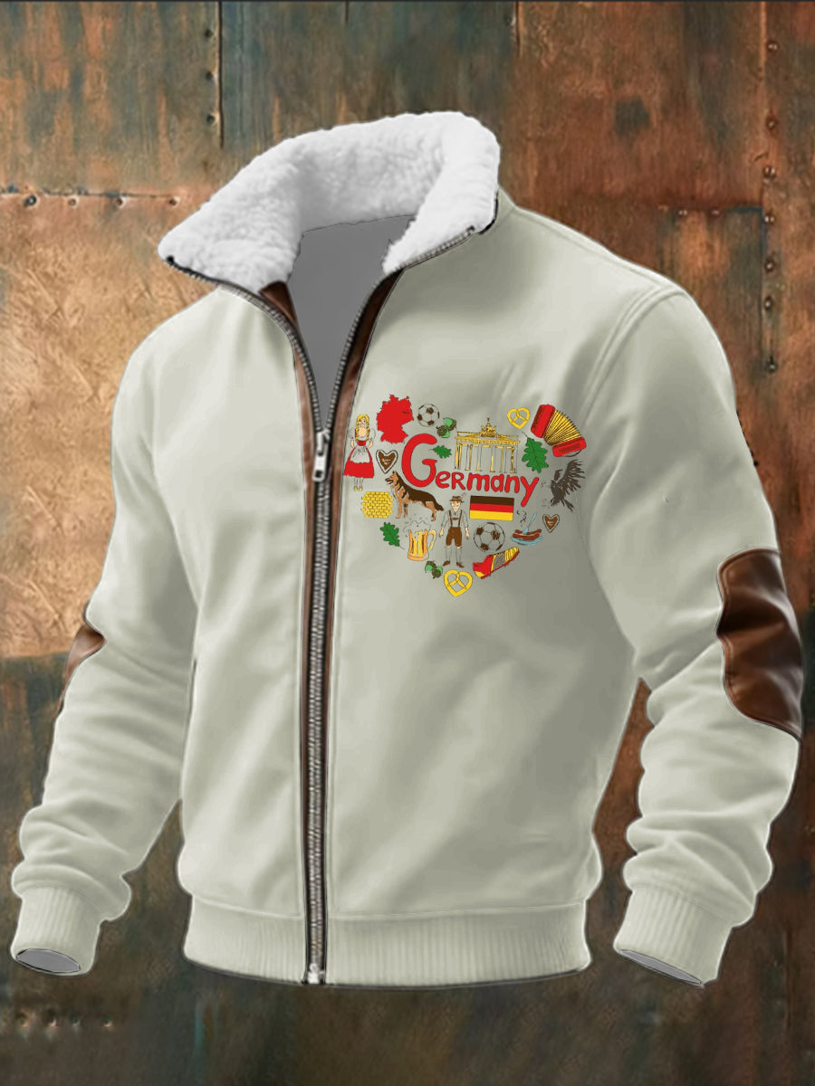 Herren creme Deutschland Herzförmige Kultur elemente Print Sherpa-Gelinierte Zip Jacke