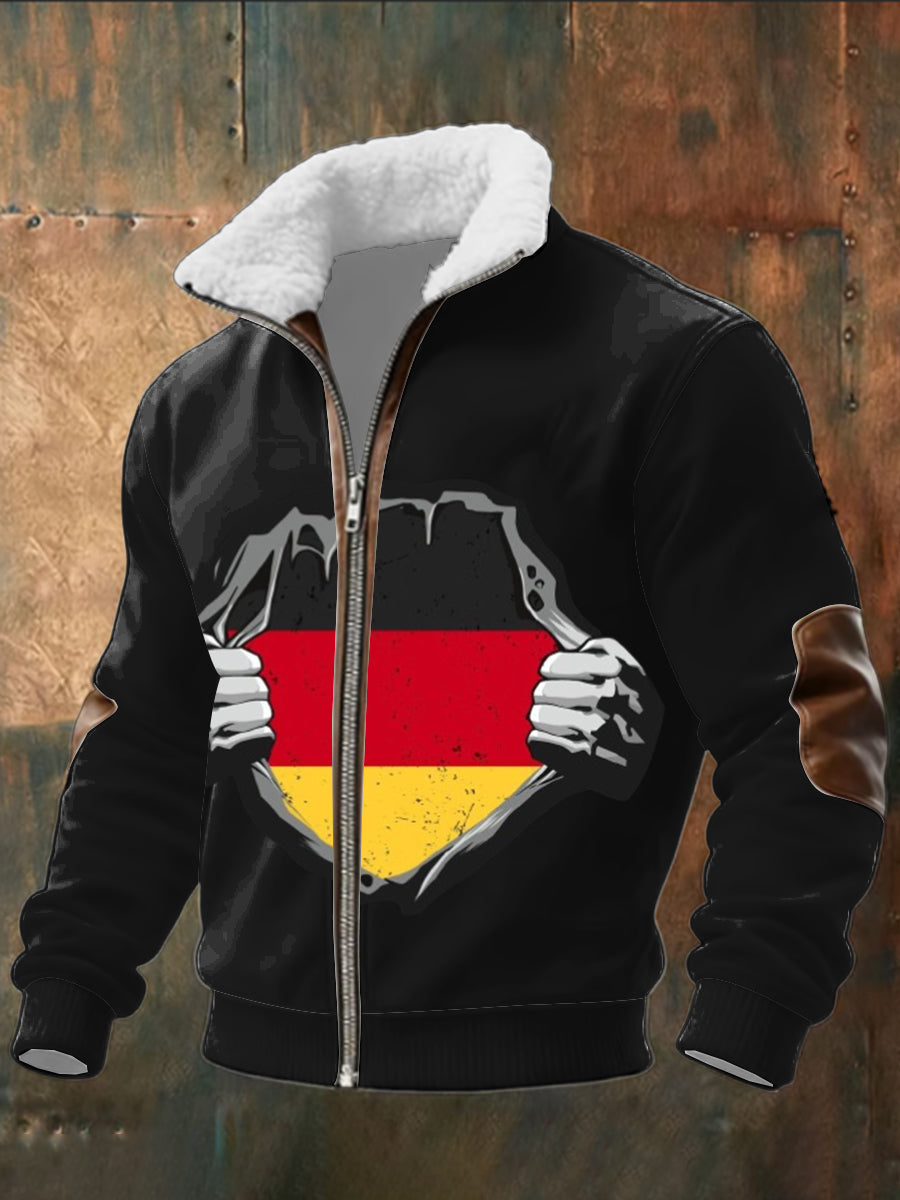 Herren schwarze Deutschland-Flagge zerrissene Sherpa-Gelitterte Zip-Jacke