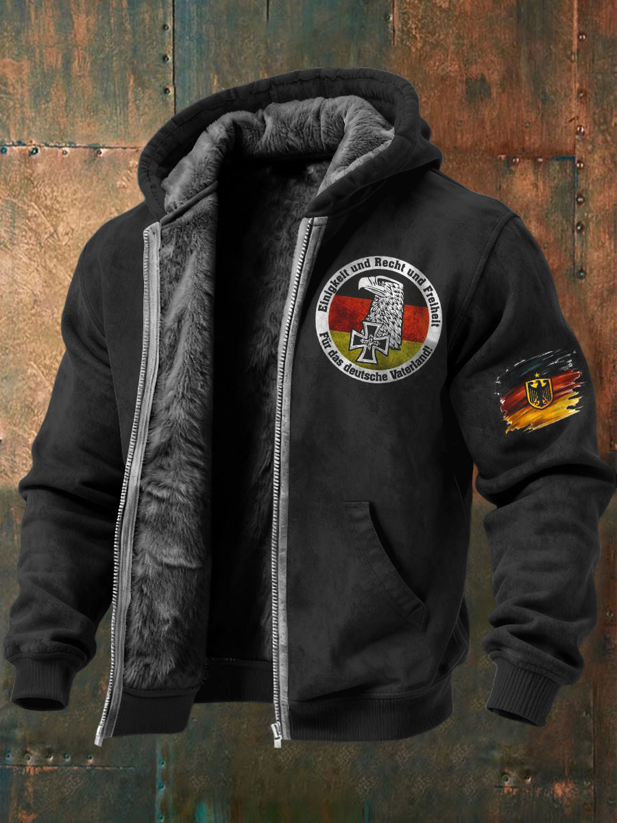 Herren Schwarz Deutschland Adler & Veteran Print Fleece Ausgekleidet Kapuzen jacke