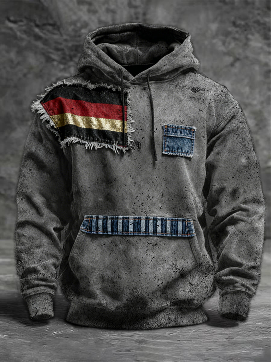 Männer Asymmetrische Deutschland Flagge Denim-Patch Hoodie