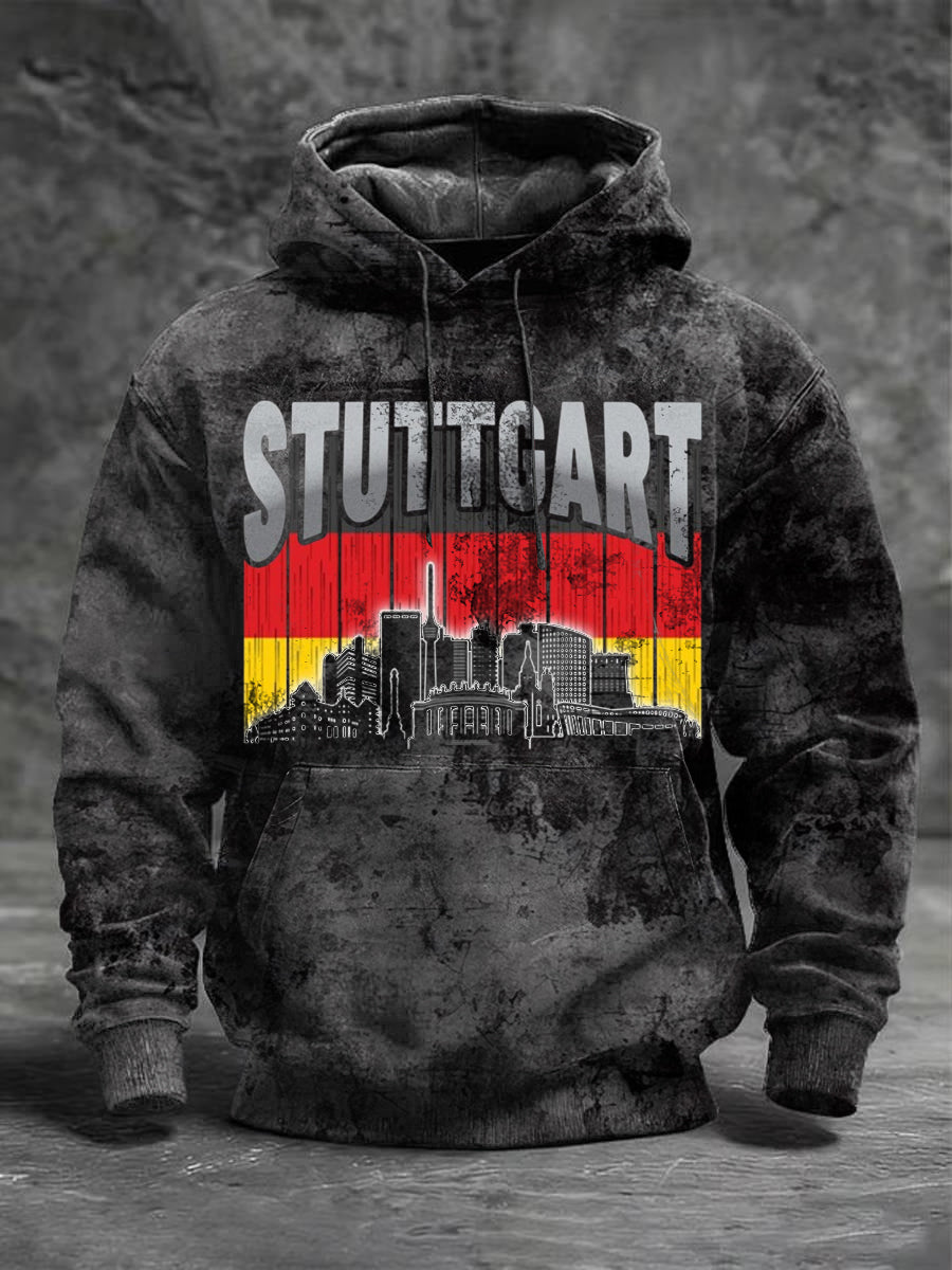Herren Retro Stuttgart Skyline & Flag Print Hoodie
