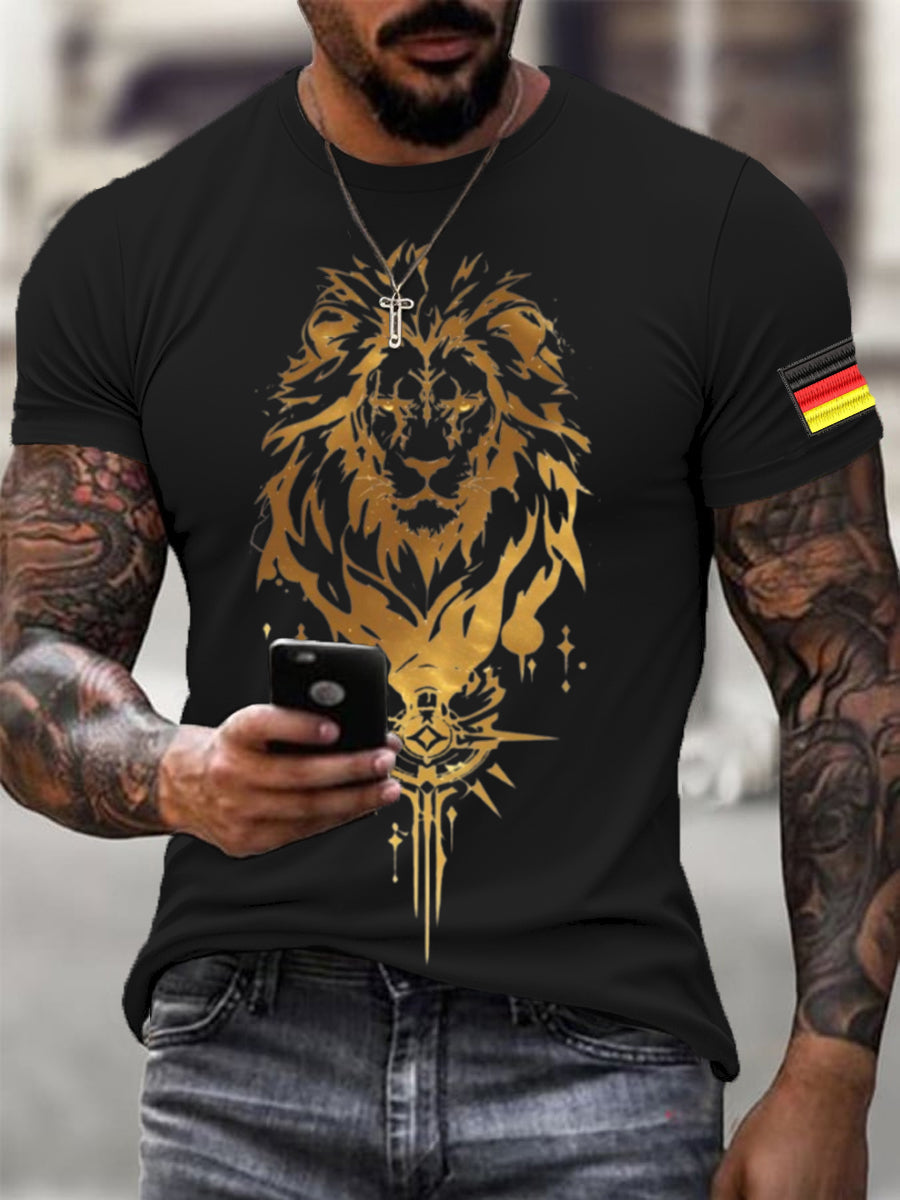 Männer auffallendes Gold Löwe & deutsche Flagge Druck T-Shirt