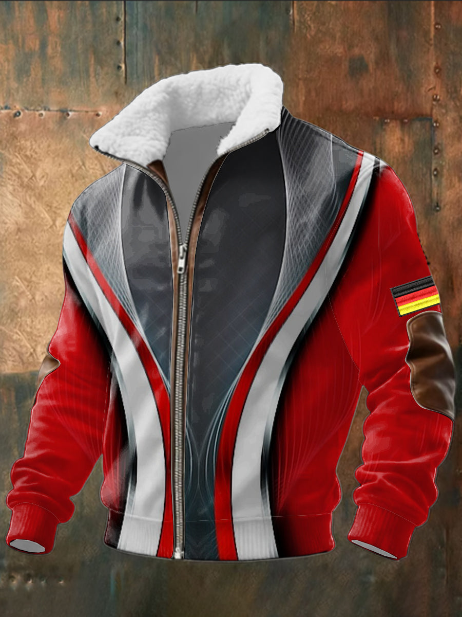 Herren Schlanke rot-weiße Steigung Deutschland Flagge Print Sherpa Kragen Jacke