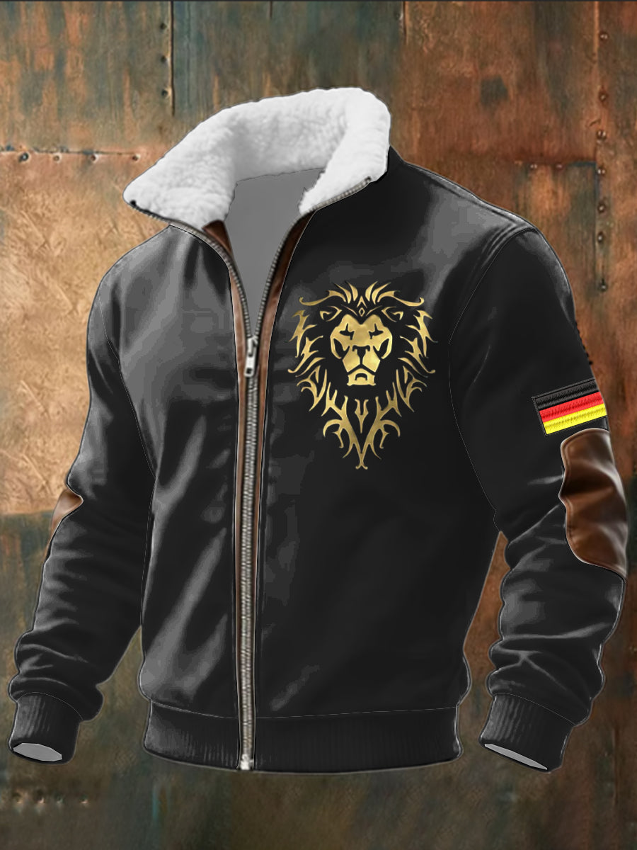 Herren Opulente Gold Lion & Deutschland Flagge Print Sherpa Kragen Jacke