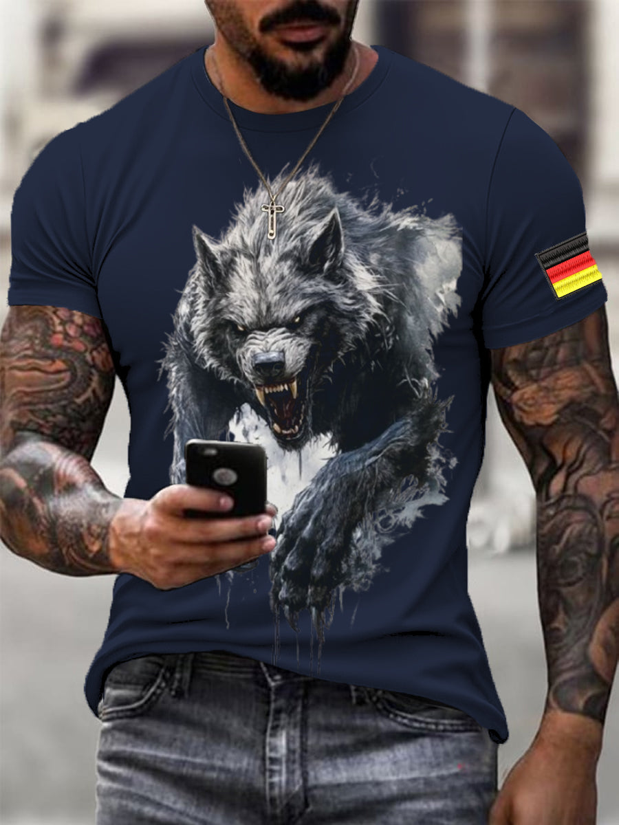 Männer heftiger Wolf & deutscher Flaggen druck Kurzarm-T-Shirt