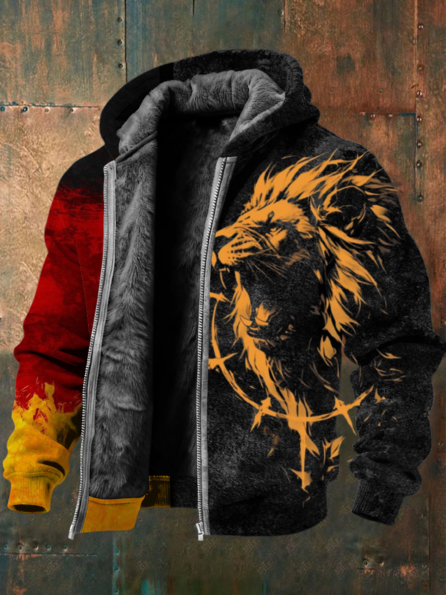 Herren Markante Orange Lion & Thorn Print Sherpa Ausgekleidet Jacke