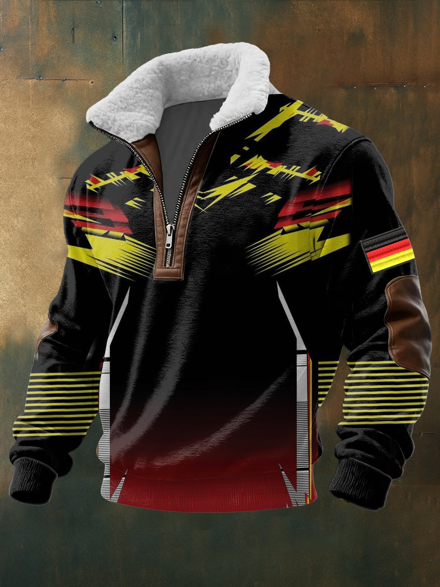 Herren dynamischer rot-gelber Blitz Deutschland Flagge Druck Sherpa Kragen Pullover