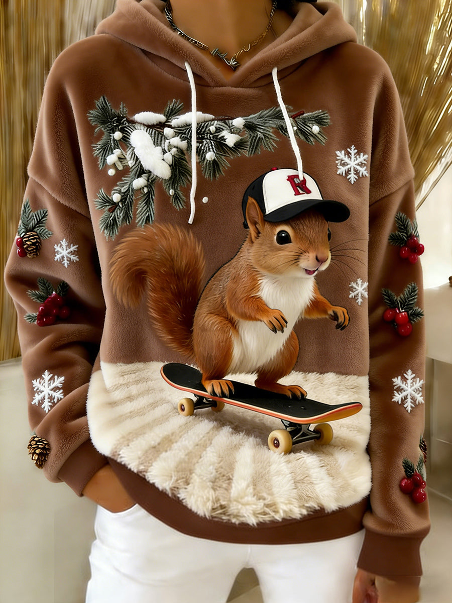 Damen Retro Tier Kunst Print Komfortables Flanell Kapuzen Sweatshirt