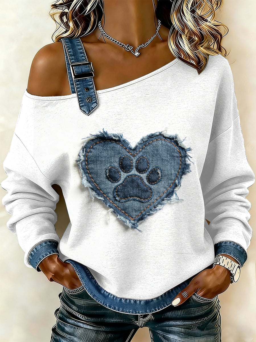 Damen Vintage Hunde paw Patchwork Print lässig schulter freies Sweatshirt