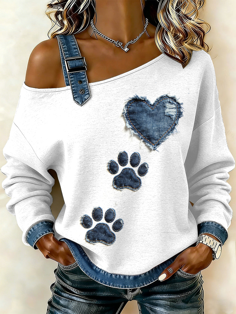 Damen Vintage Hunde pfote Patchwork Print lässig schulter freies Sweatshirt