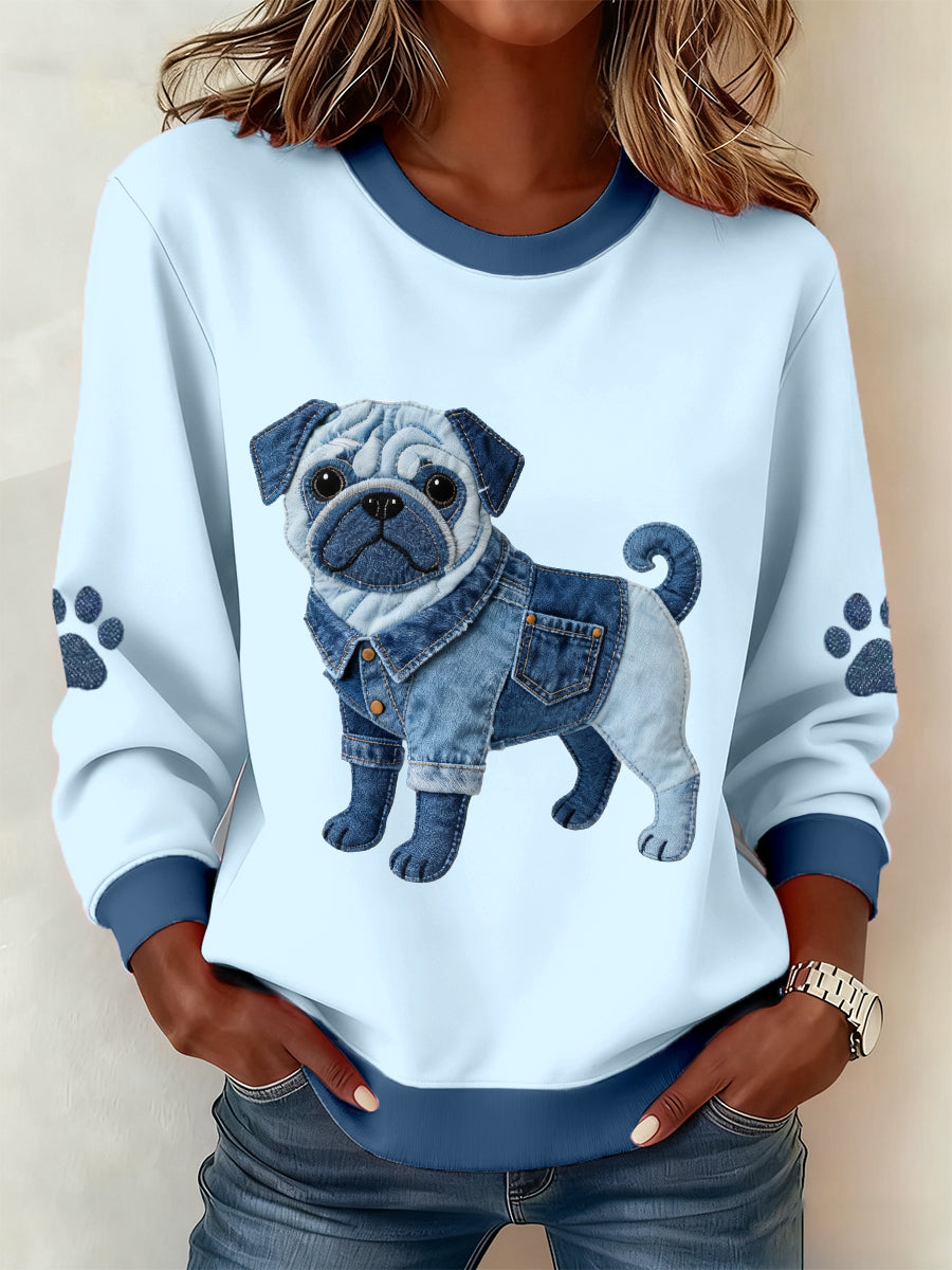 Damen-Pug-Hunde-Denim-Patchwork-Muster-Sweatshirt