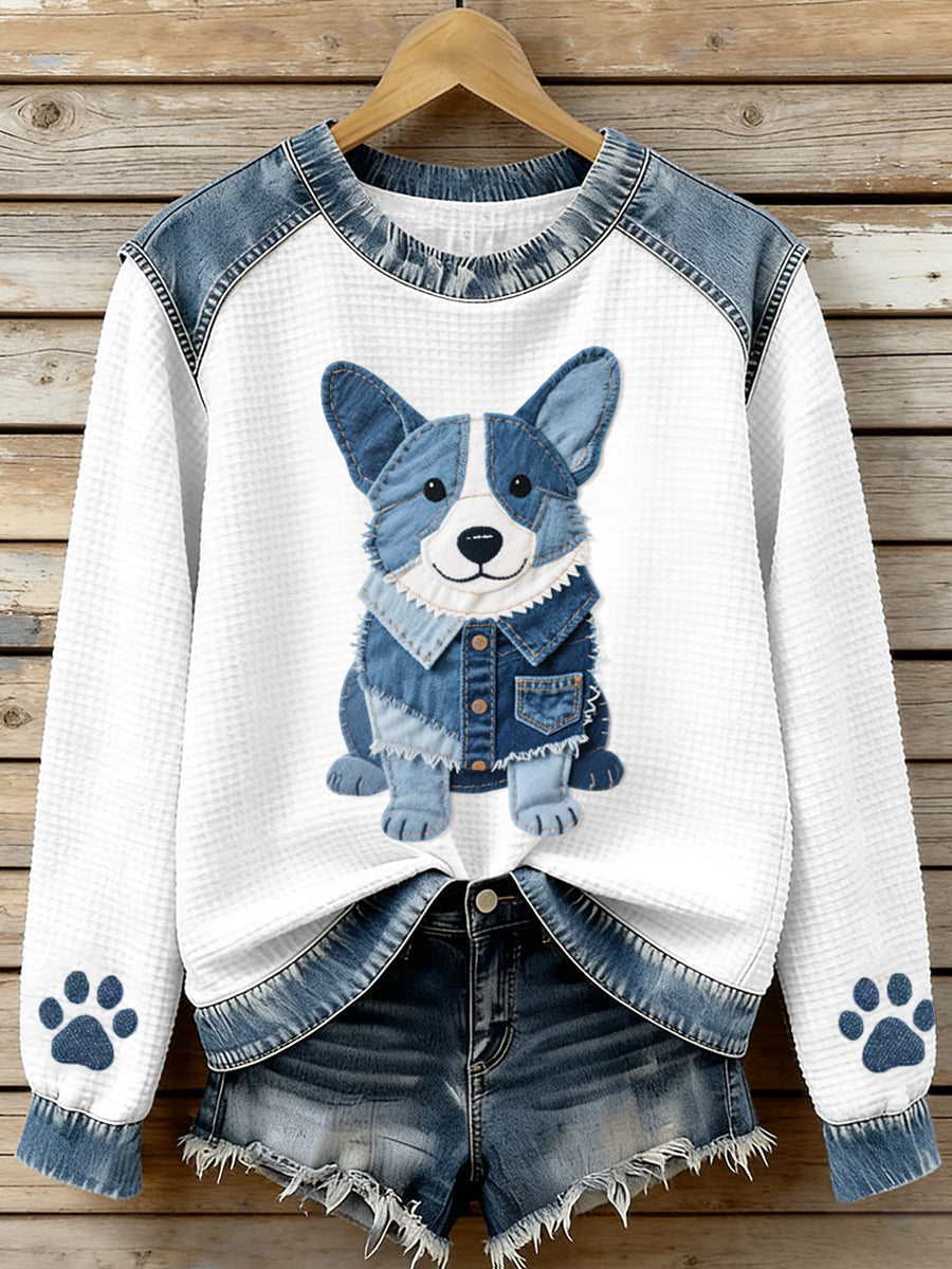 Damen schöne Corgi Muster Denim Patchwork Waffel Sweatshirt