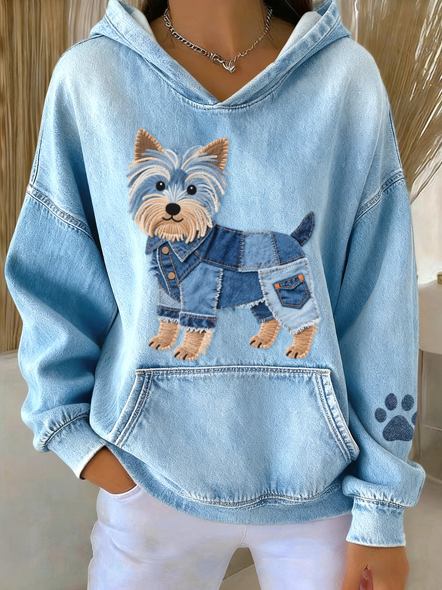Frauen Denim Patchwork Kunst Yorkshire Terrier Hunde muster Hoodie