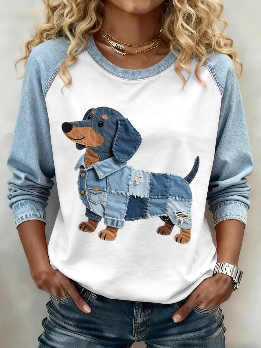 Damen schöne Dackel Hunde muster Denim Patchwork Sweatshirt