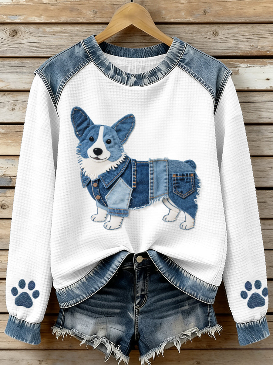 Damen schöne Corgi Muster Denim Patchwork Waffel Sweatshirt