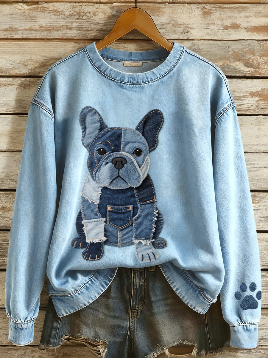 Damen Denim Patchwork Kunst Französische Bulldogge Muster Sweatshirt