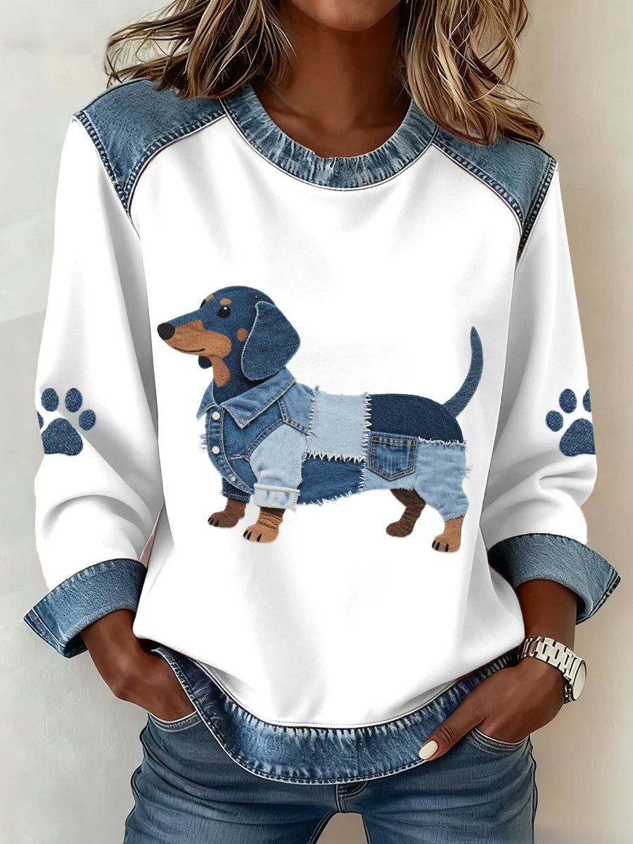 Damen schöne Dackel Hunde muster Denim Patchwork Sweatshirt