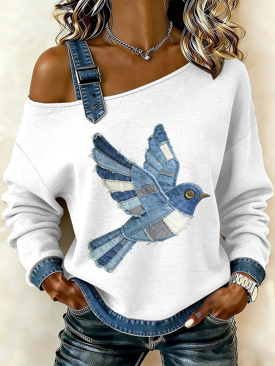 Damen Vintage Bird Patchwork Print lässig schulter freies Sweatshirt