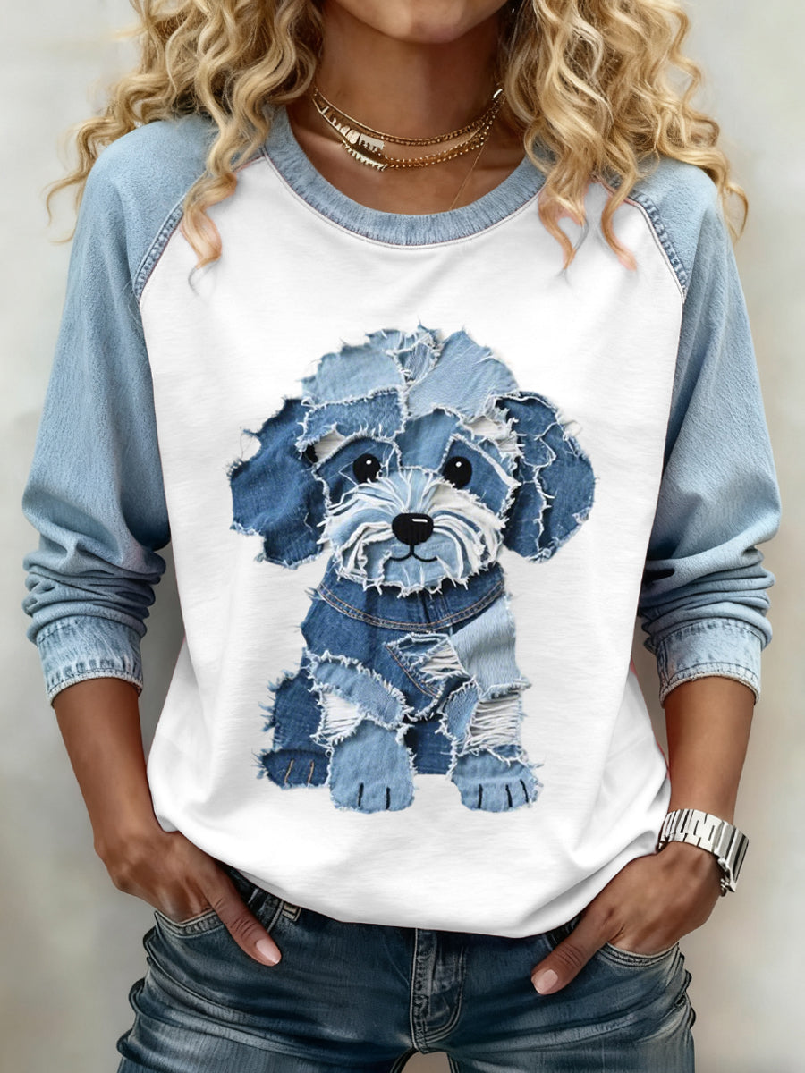 Damen schöne Hunde muster Denim Patchwork Sweatshirt