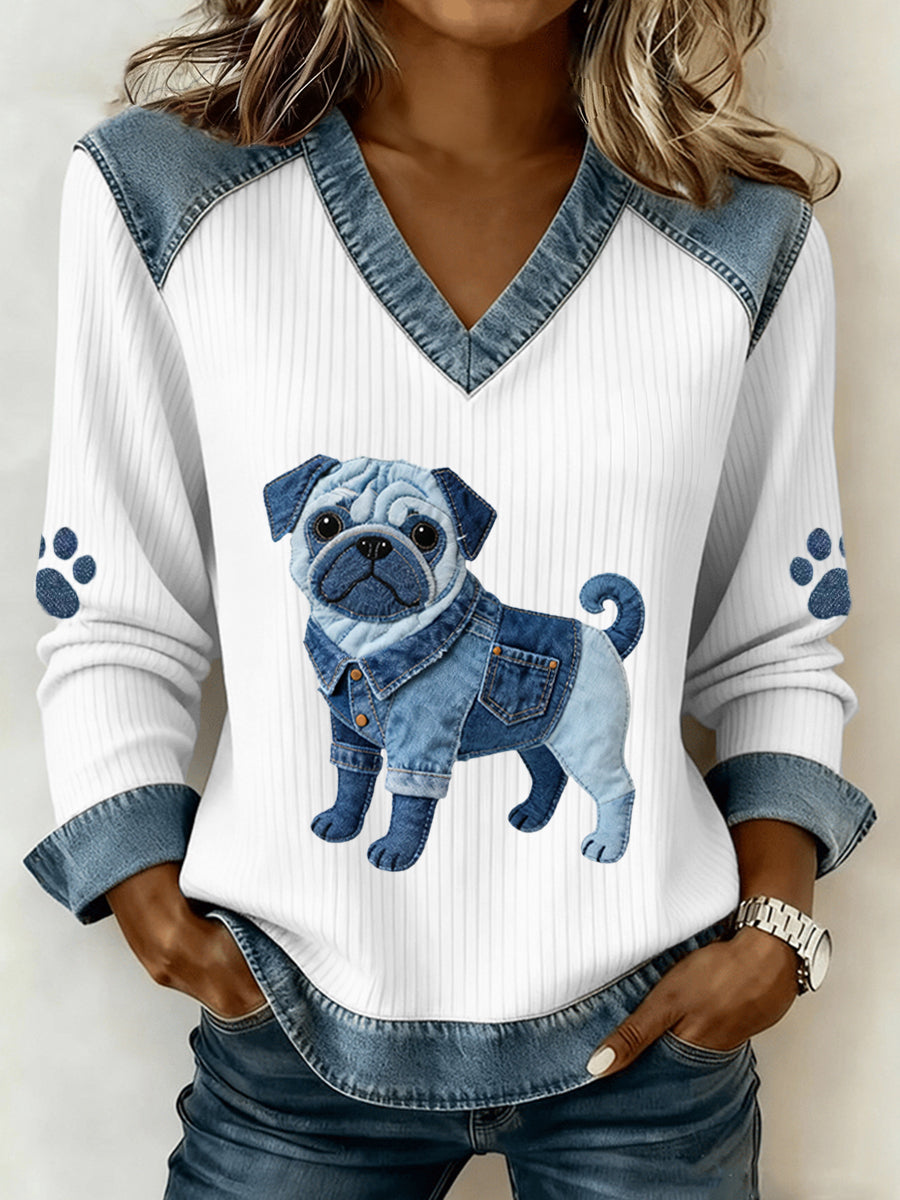 Damen-Pug-Hunde muster Denim-Patchwork-Top mit V-Ausschnitt
