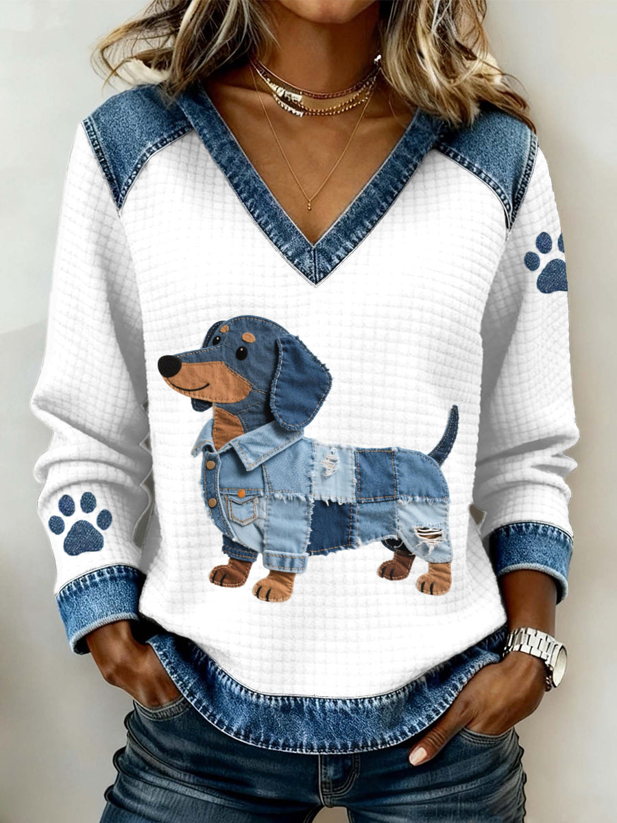 Damen schöne Dackel Hunde muster Denim Patchwork V-Ausschnitt Top