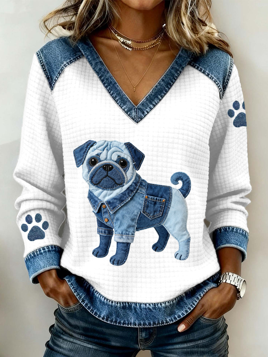 Damen-Pug-Hunde muster Denim-Patchwork-Top mit V-Ausschnitt