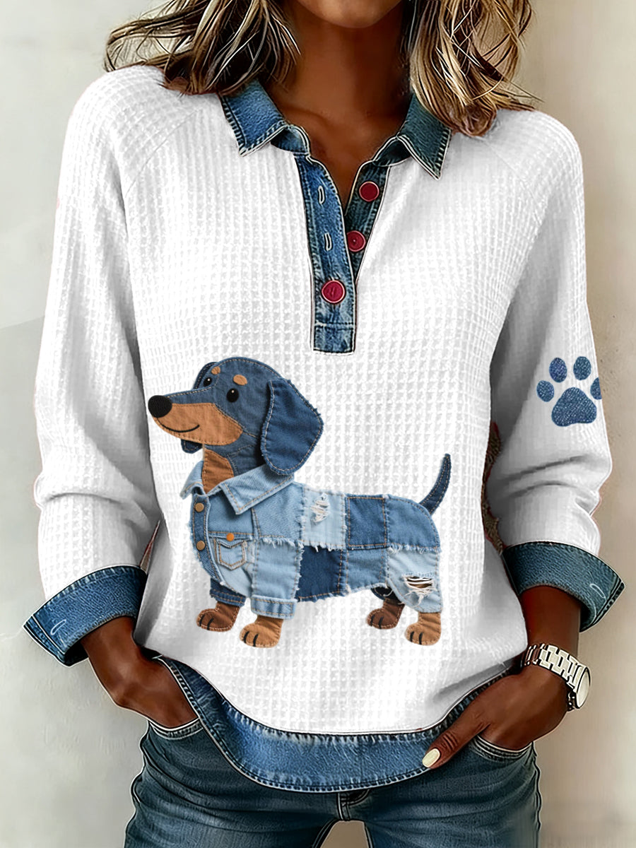 Damen Denim Patchwork Kunst Dackel Hund Muster Waffel Top