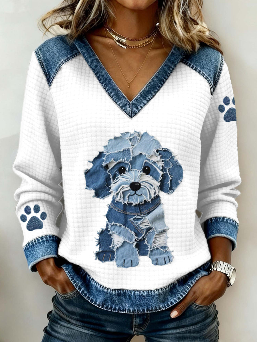 Damen-Hunde muster Denim-Patchwork-Top mit V-Ausschnitt
