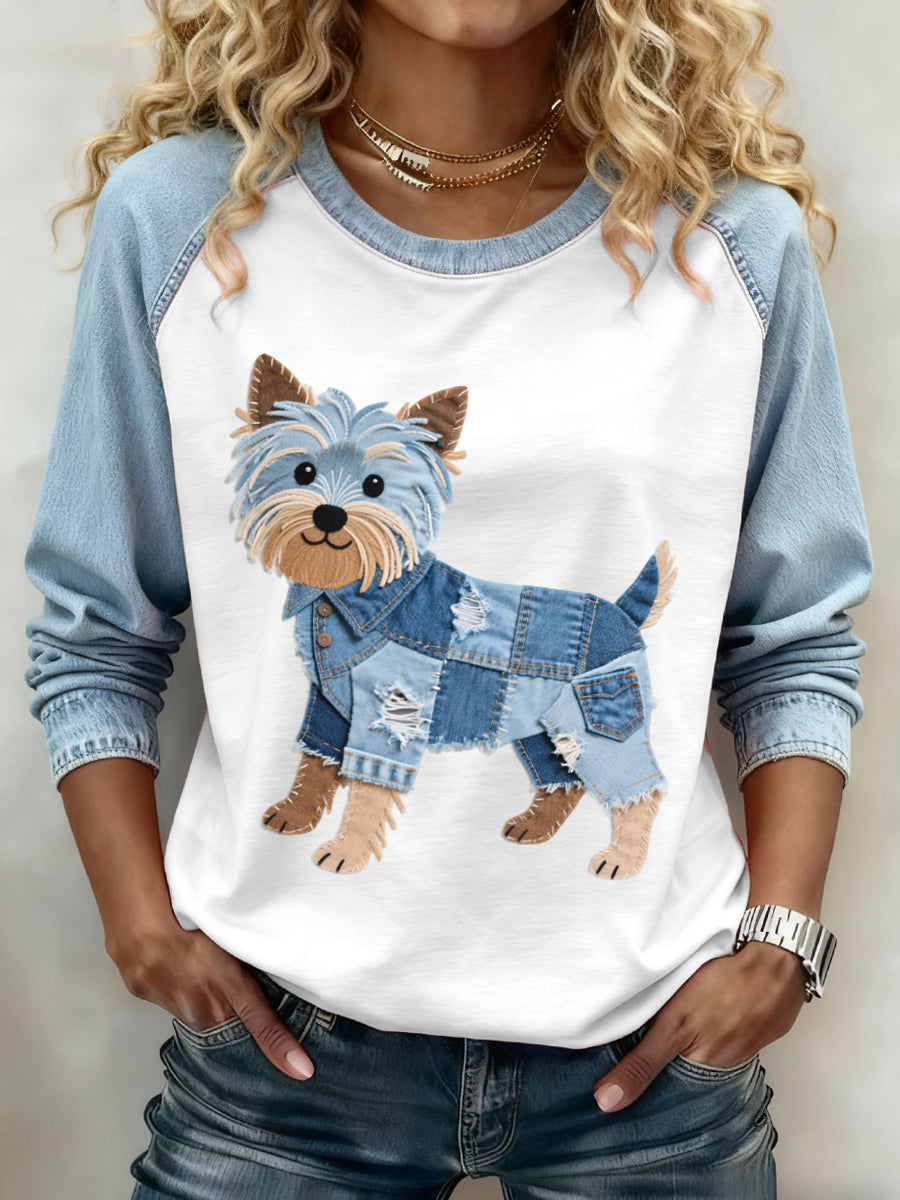 Frauen Denim Patchwork Kunst Yorkshire Terrier Hunde muster Sweatshirt