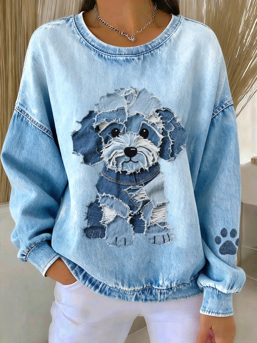 Damen-Sweatshirt mit schönen Hunde-Denim-Patchwork-Muster
