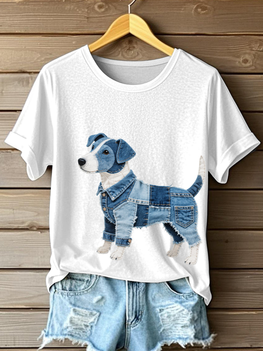 Damen Denim Patchwork Kunst Jack Russell Terrier Hunde muster T-Shirt