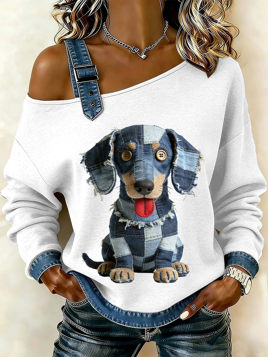 Damen Vintage Hund Patchwork Print lässig schulter freies Sweatshirt