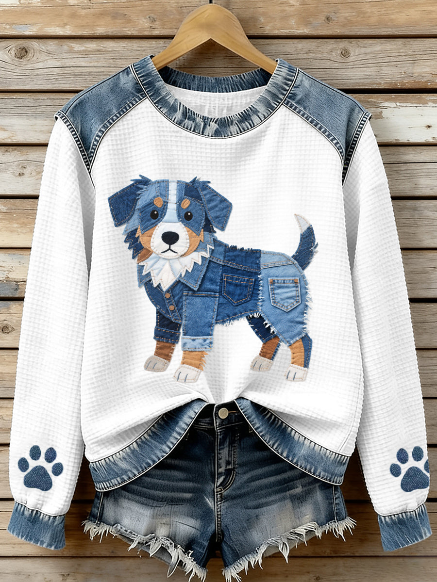 Damen schöne australische Schäferhund muster Denim Patchwork Waffel Sweatshirt