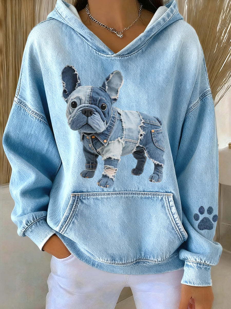Damen schöne französische Bulldogge Denim Patchwork Muster Hoodie