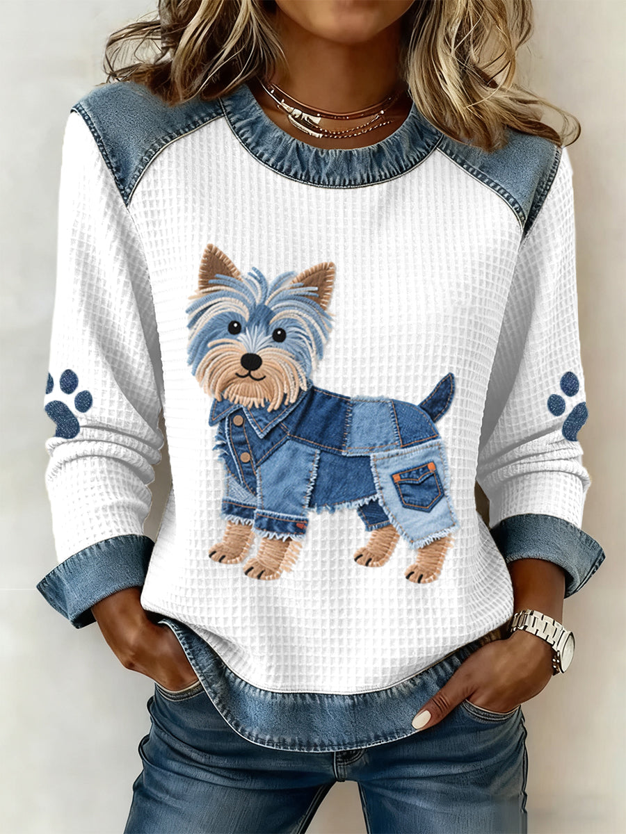 Damen schöne Yorkshire Terrier Hunde muster Denim Patchwork Waffel Sweatshirt