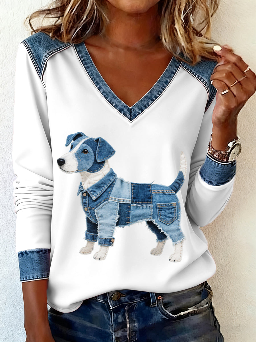 Damen Denim Patchwork Kunst Jack Russell Terrier Hunde muster V-Ausschnitt Langarm T-Shirt