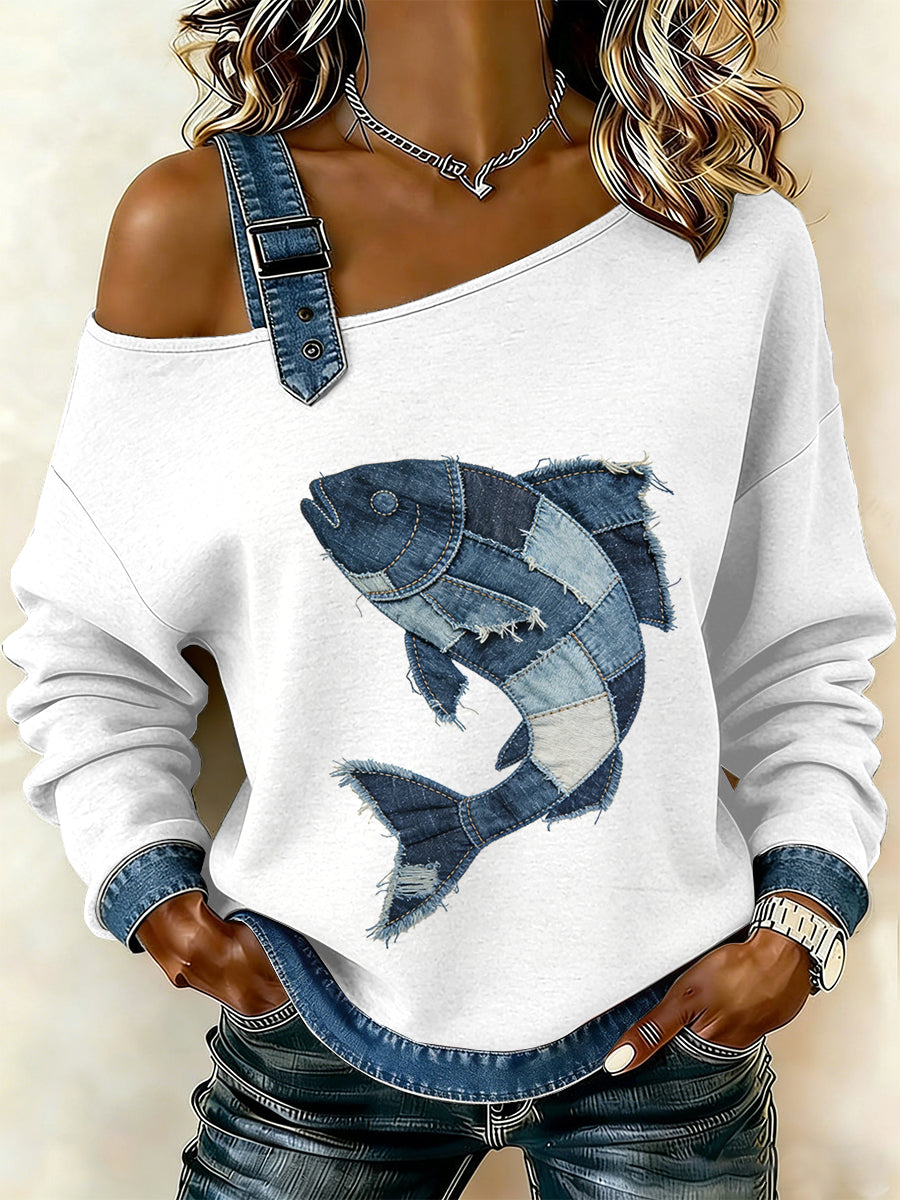 Damen Vintage Fisch Patchwork Print lässig schulter freies Sweatshirt