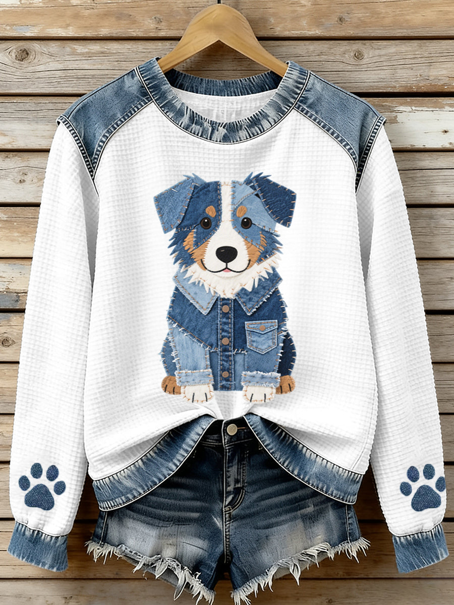 Damen schöne australische Schäferhund muster Denim Patchwork Waffel Sweatshirt