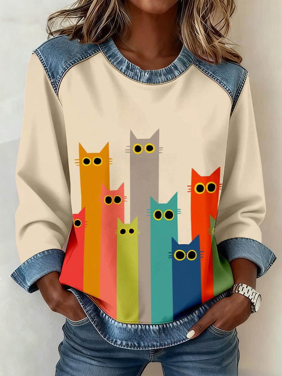 Damen-Sweatshirt mit süßem Katzen druck Denim-Patchwork