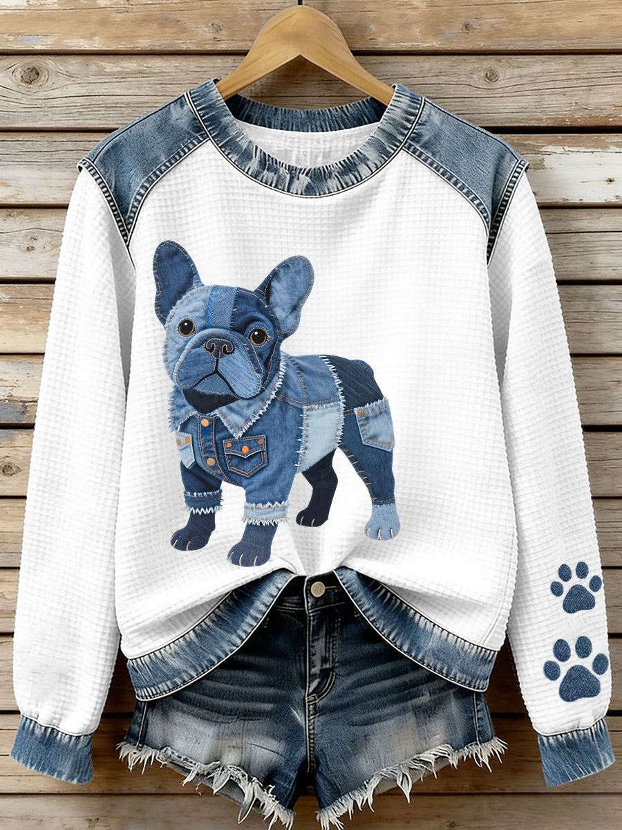Damen schöne französische Bulldogge Muster Denim Patchwork Waffel Sweatshirt