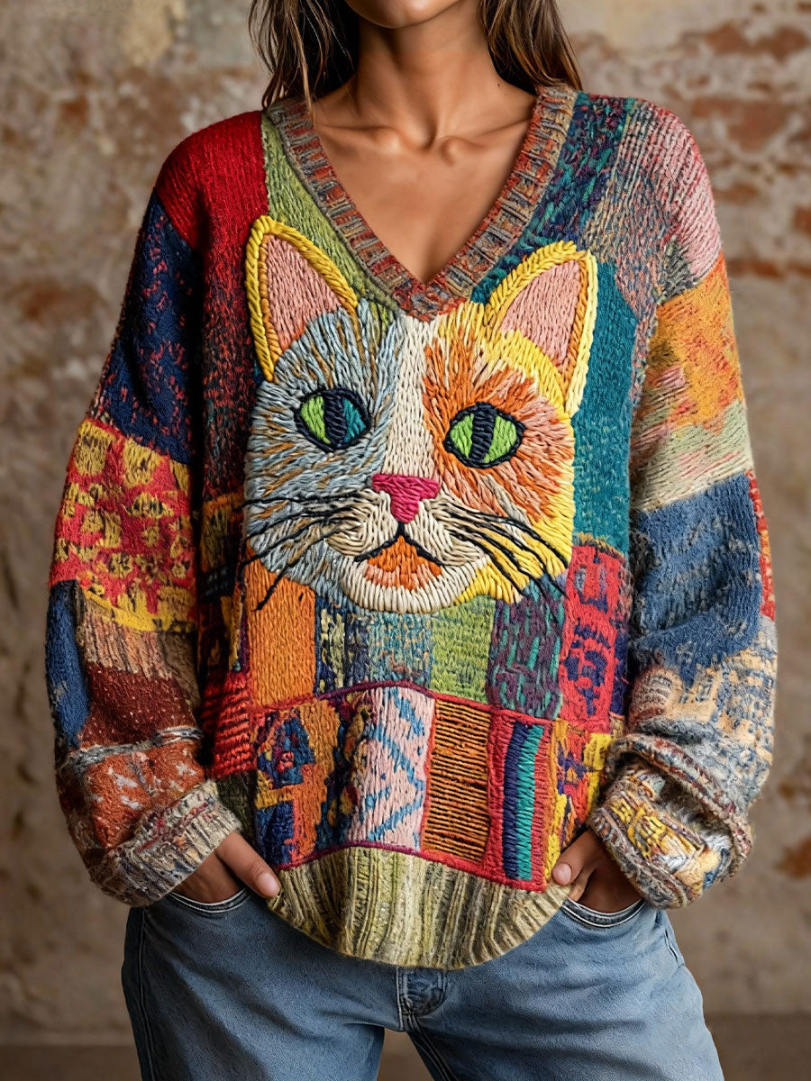 Damen Katzen kunst V-Ausschnitt Oberteile