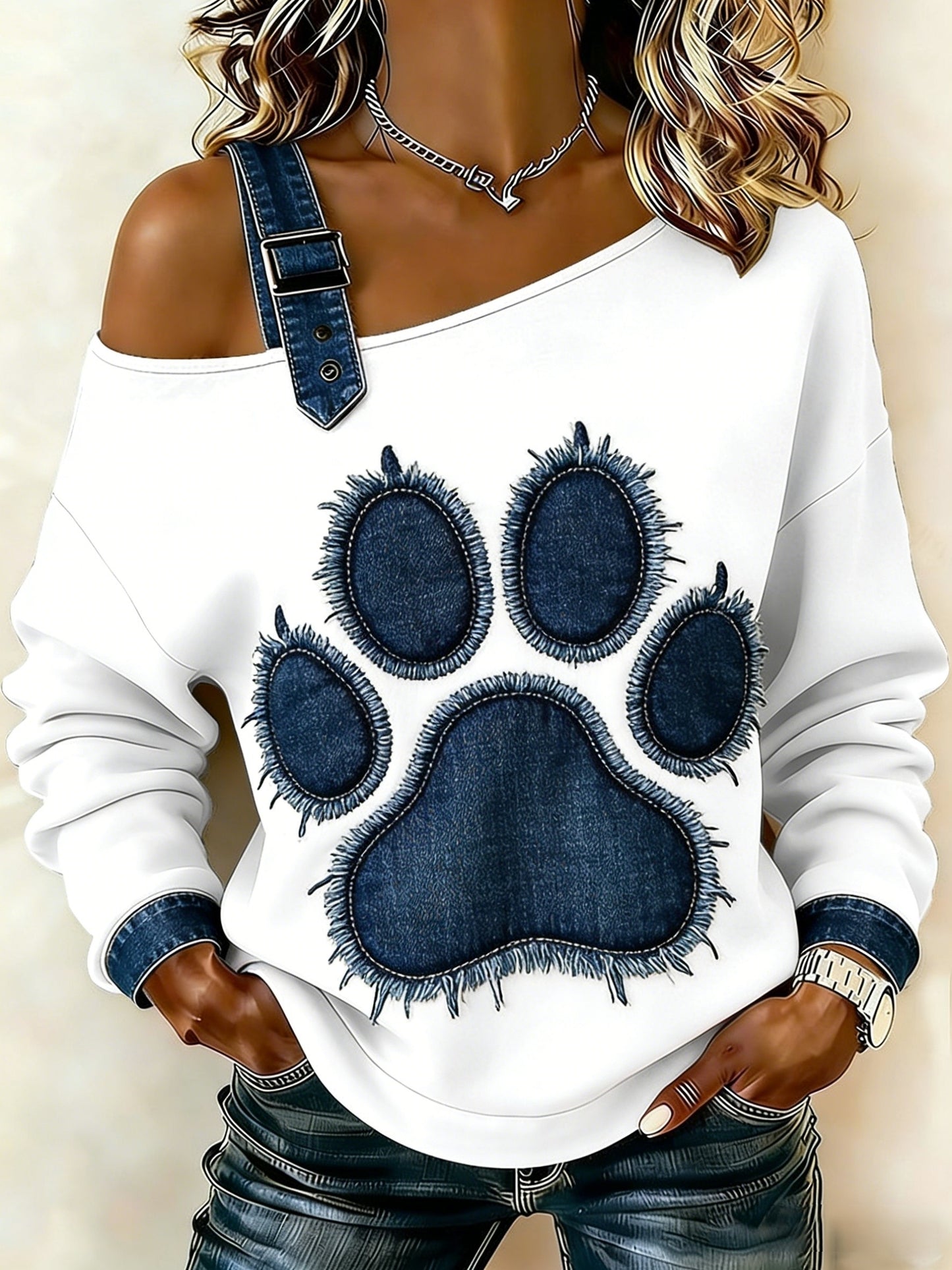 Damen niedliche Tier Katze Patchwork Denim Art lässig schulter freies Design Langarm T-Shirt