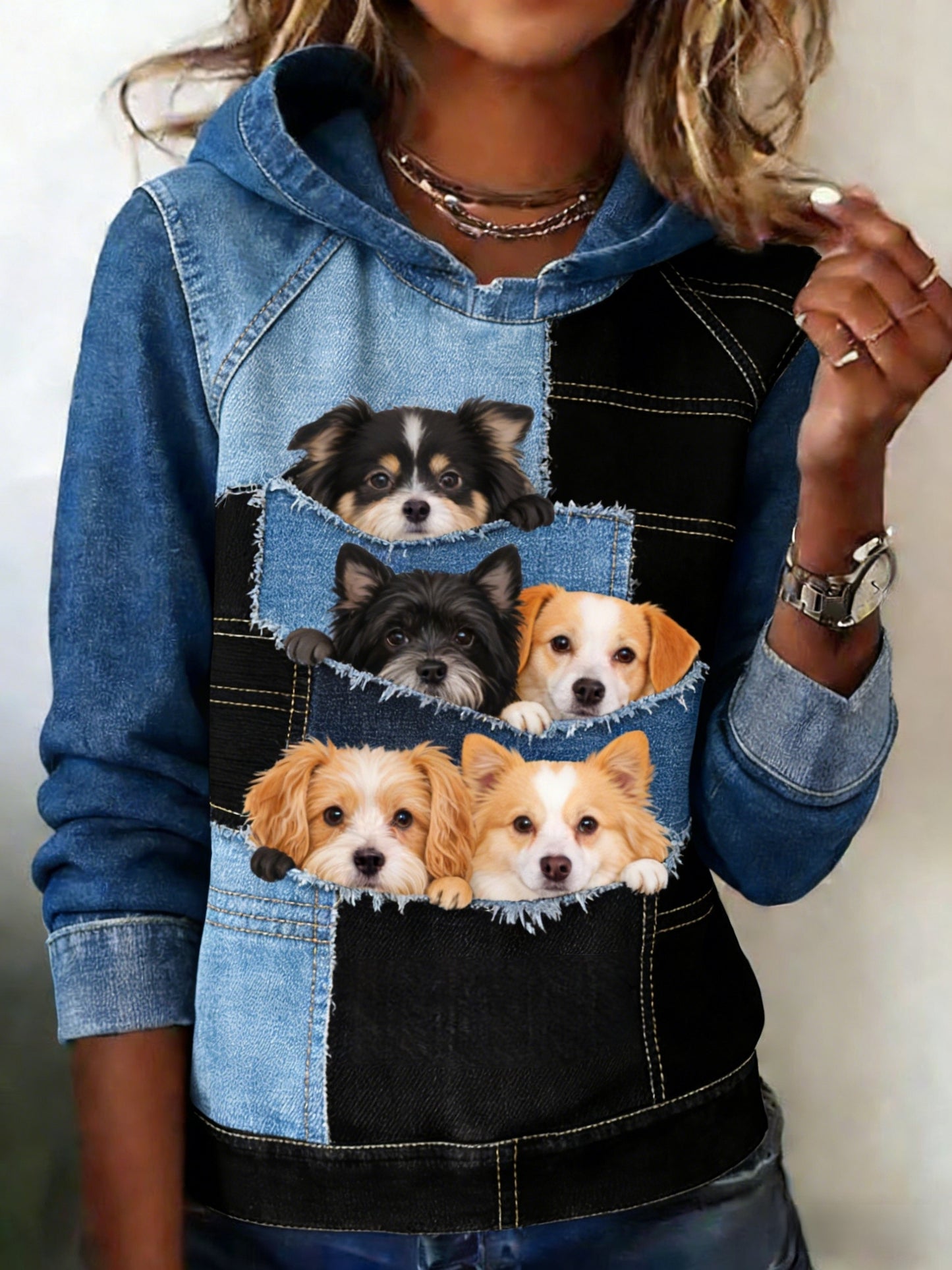 Damen niedlicher Tier hund Peek-a-Boo Patchwork Denim Art bequemes Kapuzen-Sweatshirt