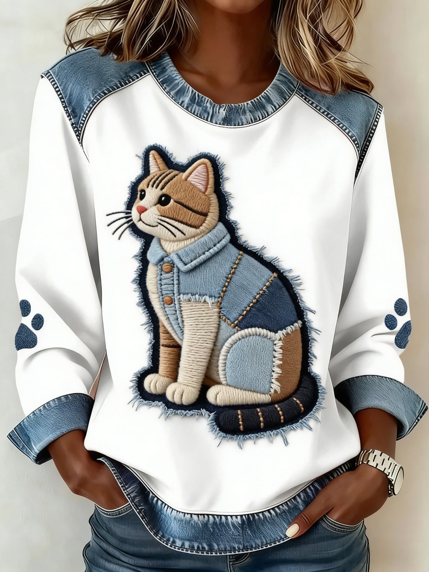 Damen niedliche Tier Katze Patchwork Denim Art bequemes Sweatshirt